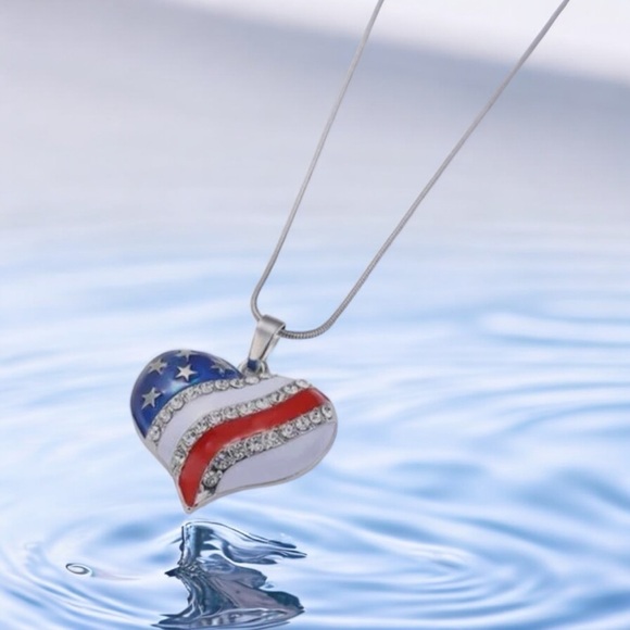 American Flag Heart Pendant Necklace with Crystal Rhinestone - Silver Tone - Picture 3 of 5